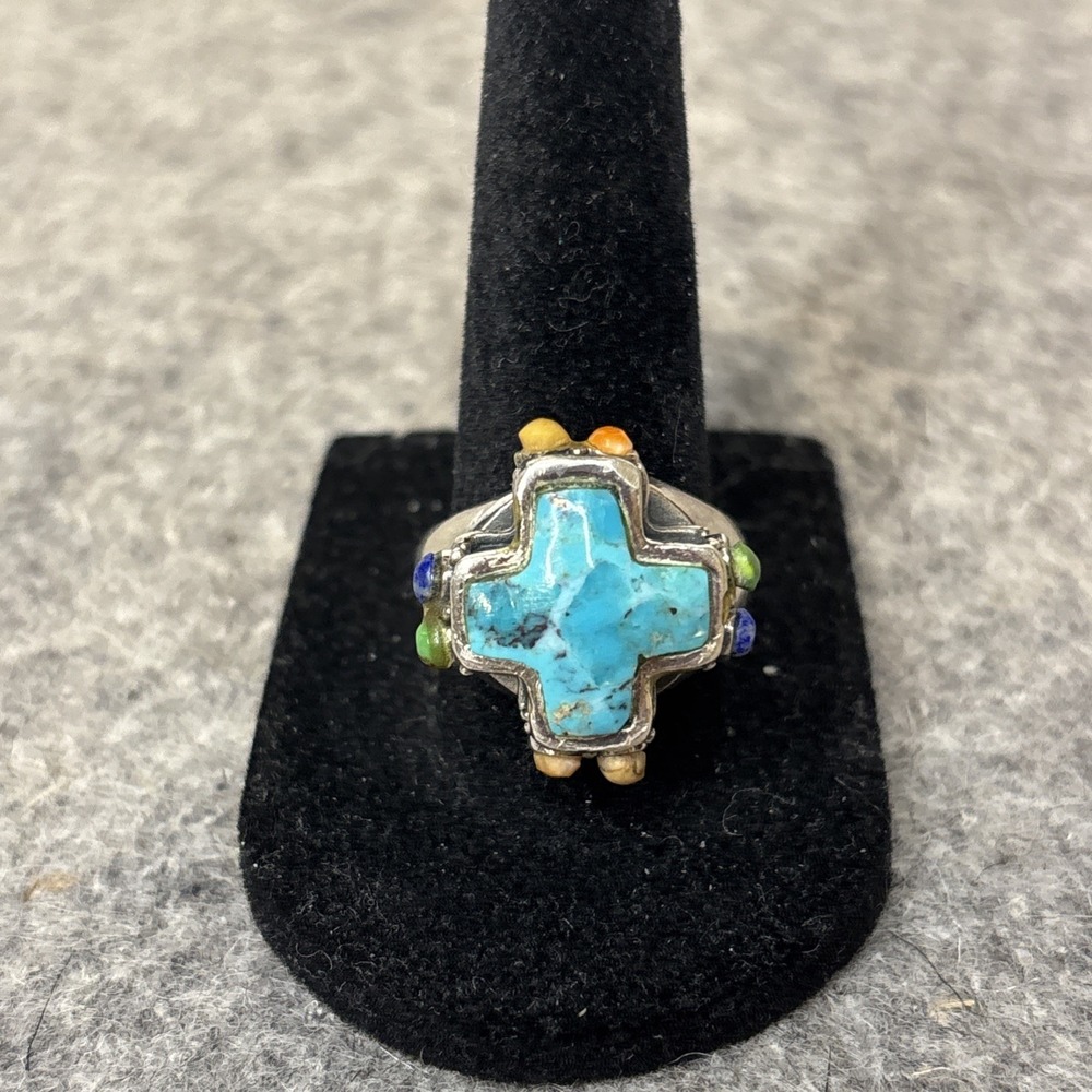 925 Sterling Silver Turquoise Cross Multi-stone Ring Size 8 Southwest 13g